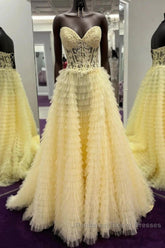 Yellow A-Line Strapless Multi-Layers Sweetheart Tulle Beaded Long Semi Formal Prom Dress With Slit
